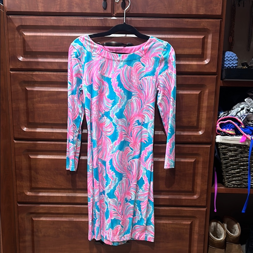 Lilly Pulitzer Pink and Blue Sheath Dress with Bateau Neckline